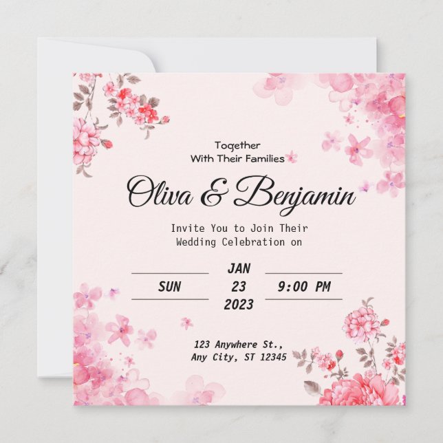 Faire-part de mariage rose Floral Customisé (Devant)