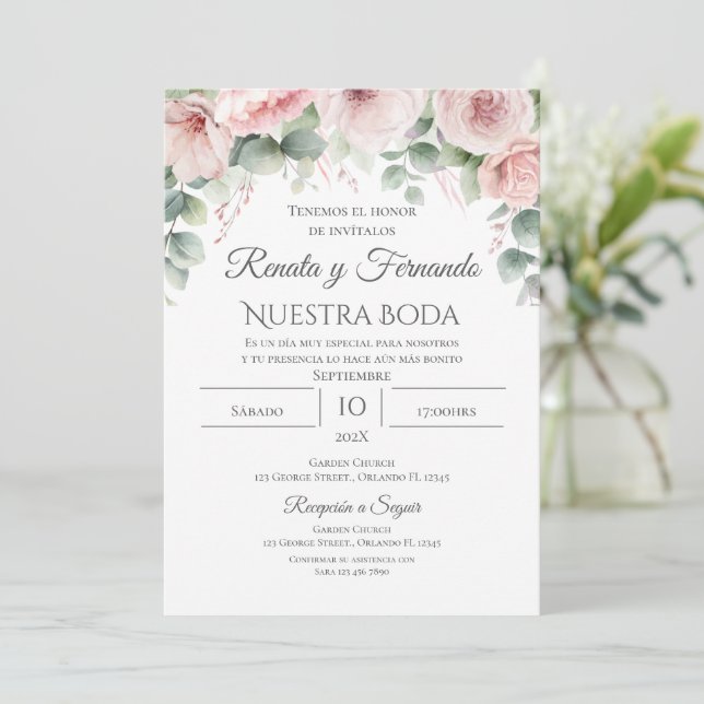 Faire-part de mariage rose Floral espagnol (Debout devant)