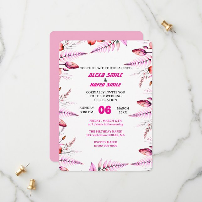 Faire-part de mariage Rose florale : Rose blush (Devant/Arrière en situation)