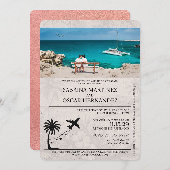 Faire-part de mariage rose Gold Aruba Passport (Devant / Derrière)