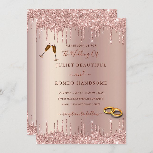 Faire-part de mariage rose Gold Blush Sparkle Driv (Devant / Derrière)