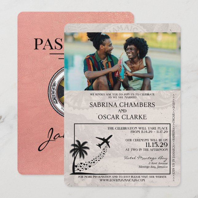 Faire-part de mariage rose Gold Jamaïque Passport (Devant / Derrière)