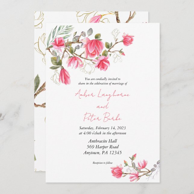 Faire-part de mariage rose Magnolia, invitations (Devant / Derrière)