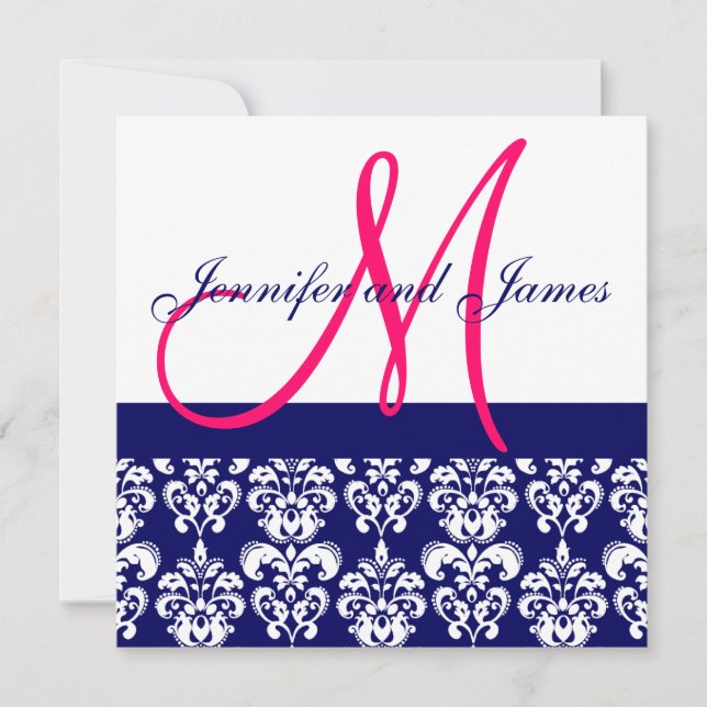 faire-part de mariage rose Monogramme Navy Damas (Devant)