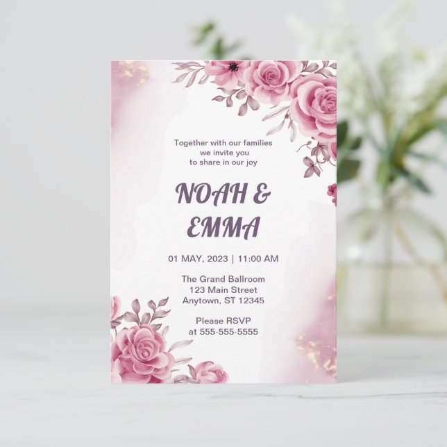 Faire-part de mariage rose | Ombre foncée violet (Debout devant)