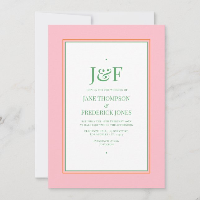 Faire-part de mariage rose, orange et vert (Devant)