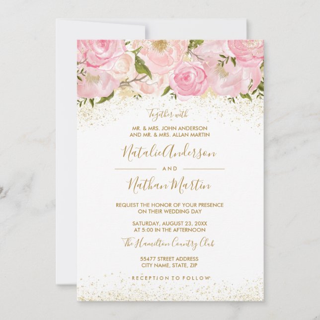 Faire-part de mariage Rose Pailletée Or Rose (Devant)