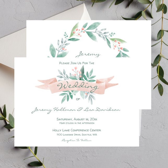 Faire-part de mariage rose pâle (Summer Soft Pink, Green Wedding Invitation)