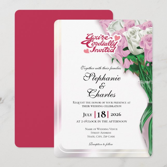 Faire-Part de Mariage Rose Pâle - Lettres Rouges 2 (Devant / Derrière)