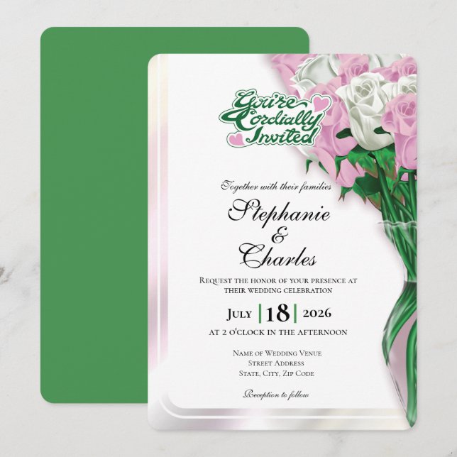 Faire-Part de Mariage Rose Pâle - Lettres Vertes 1 (Devant / Derrière)