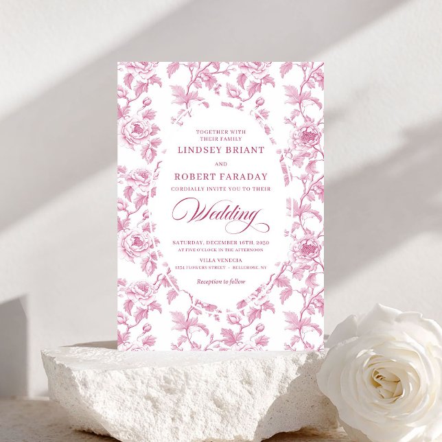 Faire-part de mariage Rose Pâle Toile de Jouy Fran (French Toile Roses Blush Pink Wedding Invitation)
