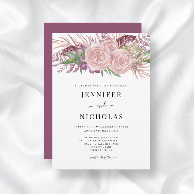 Faire-part de mariage rose poudré à l'aquarelle fl (Créateur téléchargé)