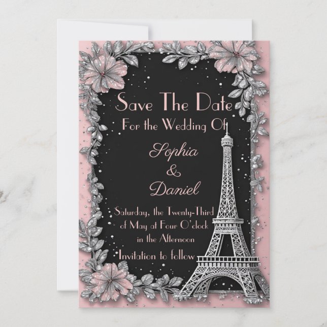 Faire-part de mariage rose poudré argenté vintage  (Devant)