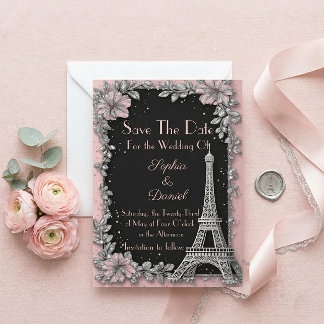 Faire-part de mariage rose poudré argenté vintage  (Vintage Parisian Blush Pink Silver Save The Date)