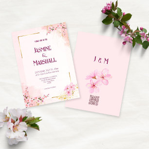 Faire-part de mariage rose poudré cerisier doré