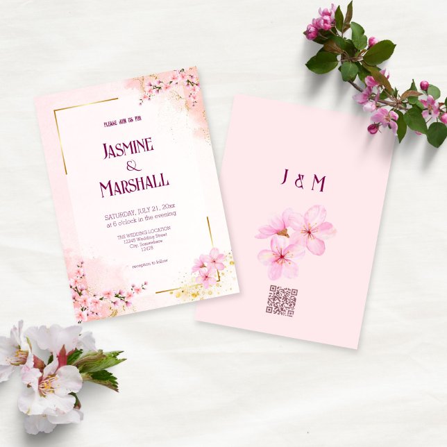 Faire-part de mariage rose poudré cerisier doré (Créateur téléchargé)
