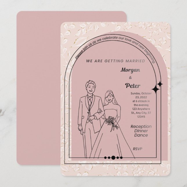 Faire-part de mariage rose poudré | Moderne éditab (Devant / Derrière)