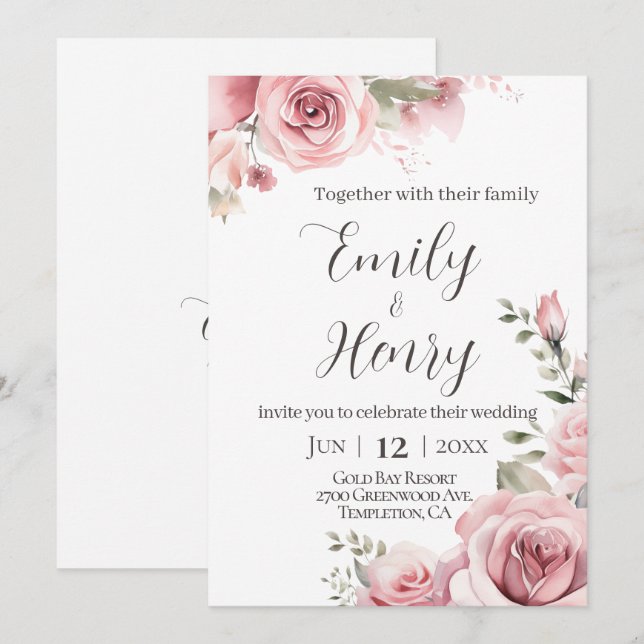 Faire-part de mariage Rose Poudrée aux Roses (Devant / Derrière)
