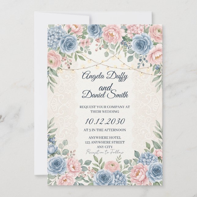 Faire-part de mariage Rose Poussiéreuse Bleu Hydra (Devant)