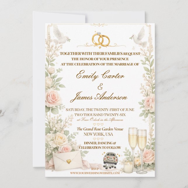 Faire-Part de Mariage Rose Romantique & Colombe (Devant)