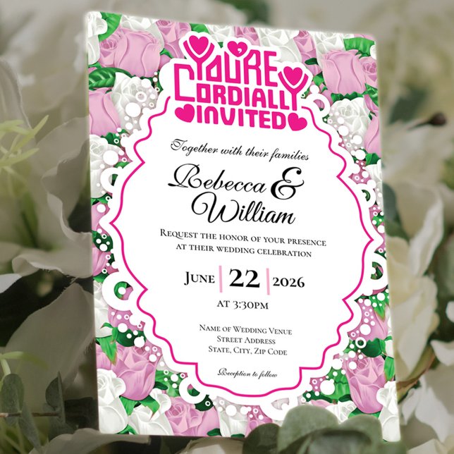 Faire-part de mariage Rose Rose & Blanche - Lettre (Pink and White rose background with decorative border wedding invite design with pink heading)