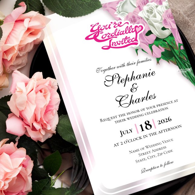 Faire-part de mariage Rose rose - Écriture rose 2 (Pink and White roses in vase wedding invite design with pink heading)