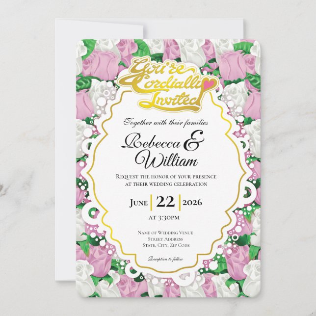 Faire-part de mariage Rose rose et blanc - Lettres (Devant)