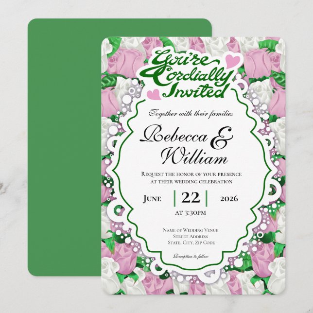 Faire-part de mariage Rose rose et blanc - Lettres (Devant / Derrière)