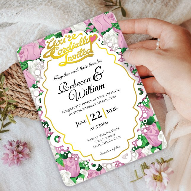 Faire-part de mariage Rose rose et blanc - Lettres (Pink and White rose background with decorative border wedding invite design with gold heading)