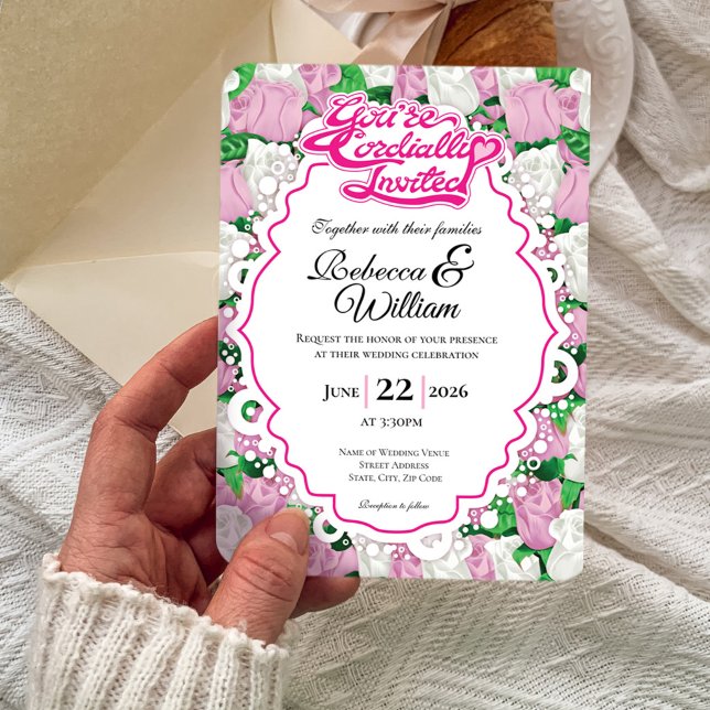 Faire-part de mariage Rose rose et blanc - Lettres (Pink and White rose background with decorative border wedding invite design with pink heading)