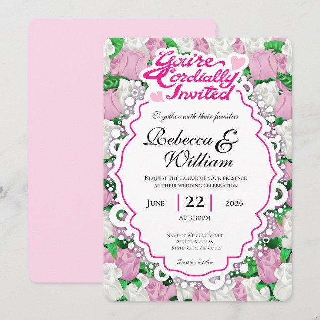 Faire-part de mariage Rose rose et blanc - Lettres (Devant / Derrière)