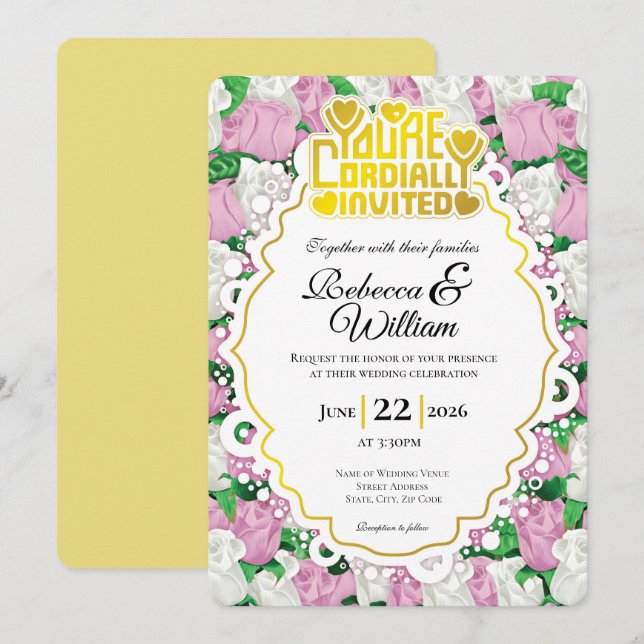 Faire-part de mariage Rose rose et blanc - Lettres (Devant / Derrière)