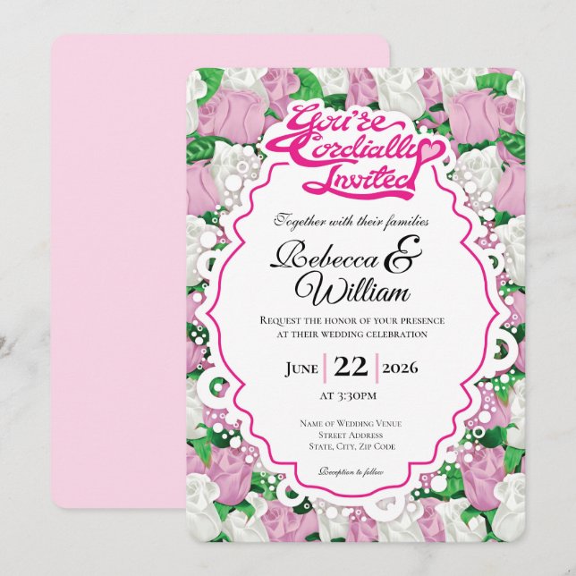 Faire-part de mariage Rose rose et blanc - Lettres (Devant / Derrière)