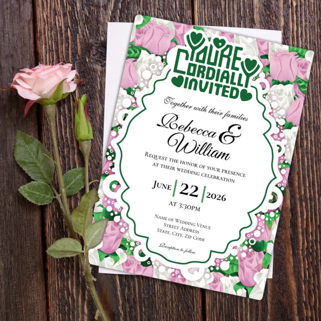 Faire-part de mariage Rose Rose et Blanche - Lettr (Pink and White rose background with decorative border wedding invite design with green heading)