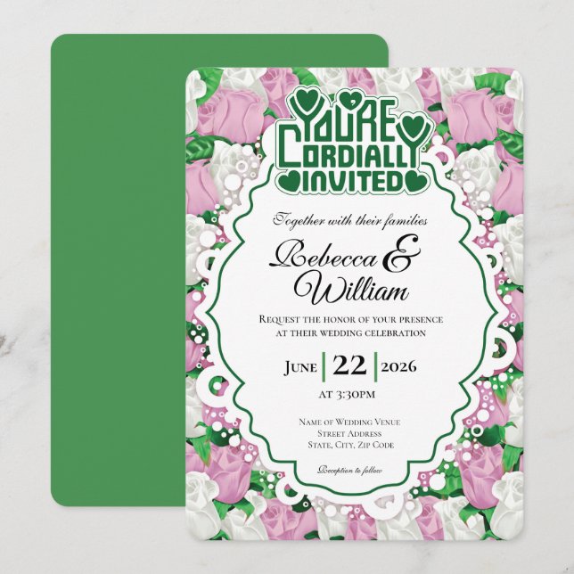 Faire-part de mariage Rose Rose et Blanche - Lettr (Devant / Derrière)