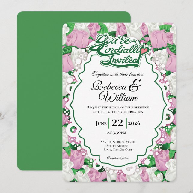 Faire-part de mariage Rose Rose et Blanche - Lettr (Devant / Derrière)