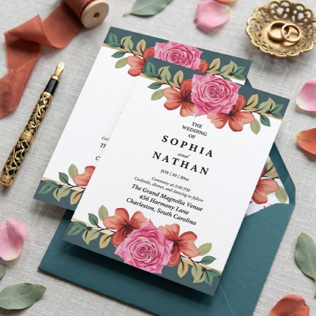 Faire-part de mariage rose rose et sarcelle romant (Créateur téléchargé)