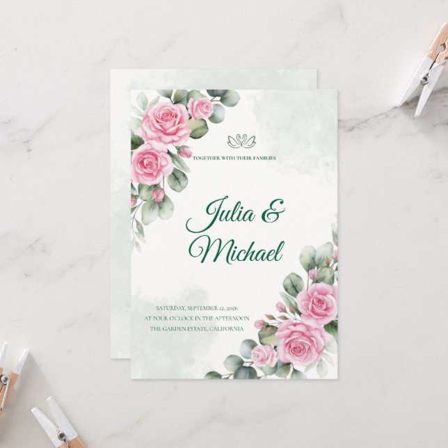 Faire-part de mariage Rose rose et sauge eucalyptu (Devant/Arrière en situation)