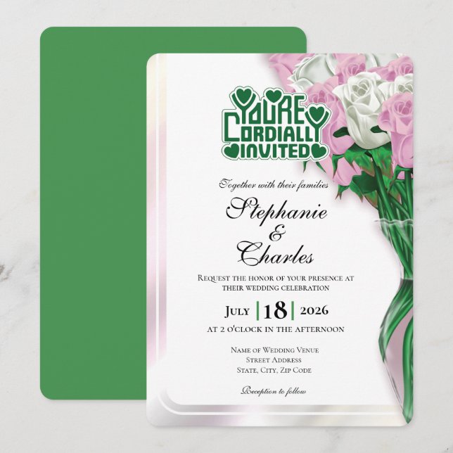 Faire-part de mariage Rose rose - Lettrage vert 3 (Devant / Derrière)