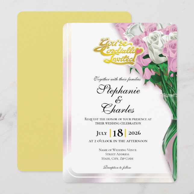 Faire-part de mariage Rose rose - Lettre dorée 1 (Devant / Derrière)