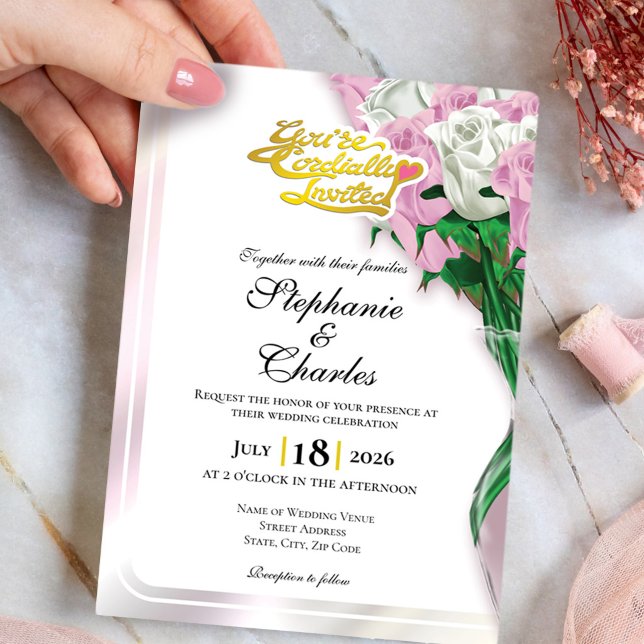 Faire-part de mariage Rose rose - Lettre dorée 2 (Pink and White roses in vase wedding invite design with gold heading)