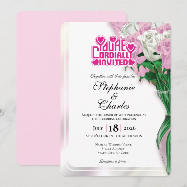 Faire-part de mariage Rose rose - Lettre rose 3 (Devant / Derrière)
