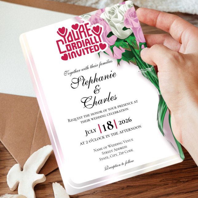 Faire-part de mariage Rose rose - Lettre rouge 4 (Pink and White roses in vase wedding invite design with red heading)