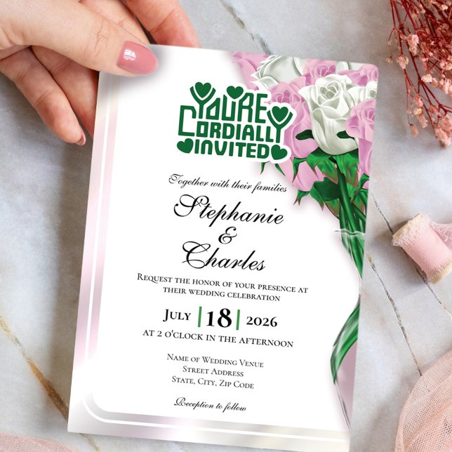 Faire-part de mariage Rose rose - Lettre verte 4 (Pink and White roses in vase wedding invite design with green heading)