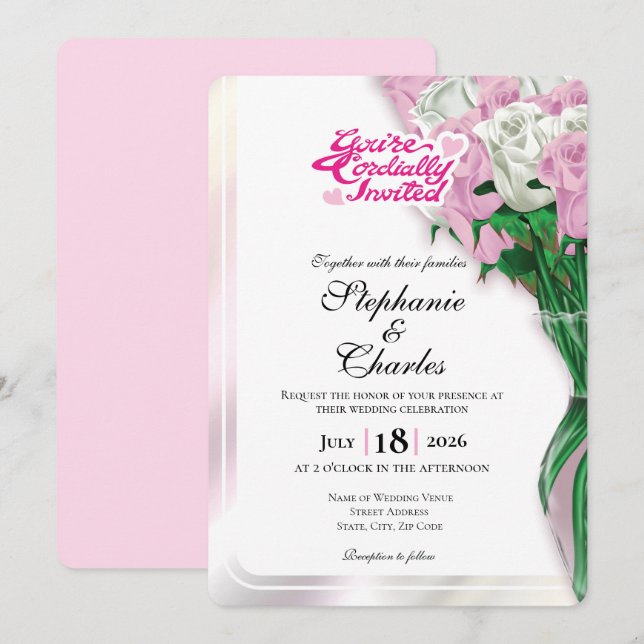 Faire-Part de Mariage Rose Rose - Lettres Roses 2 (Devant / Derrière)