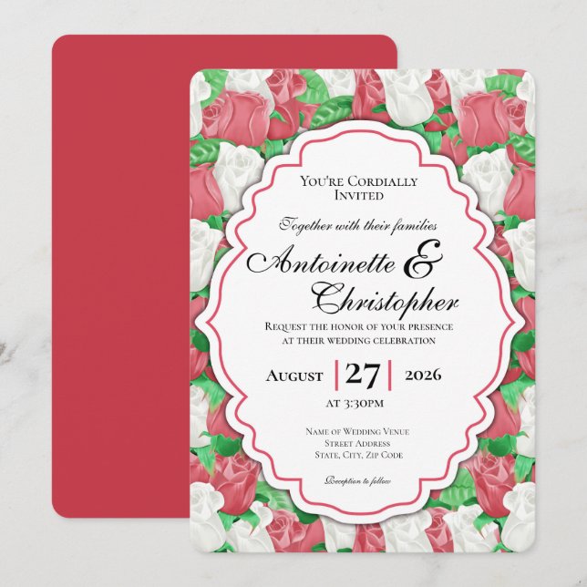 Faire-part de mariage Rose Rouge & Blanche avec Bo (Devant / Derrière)
