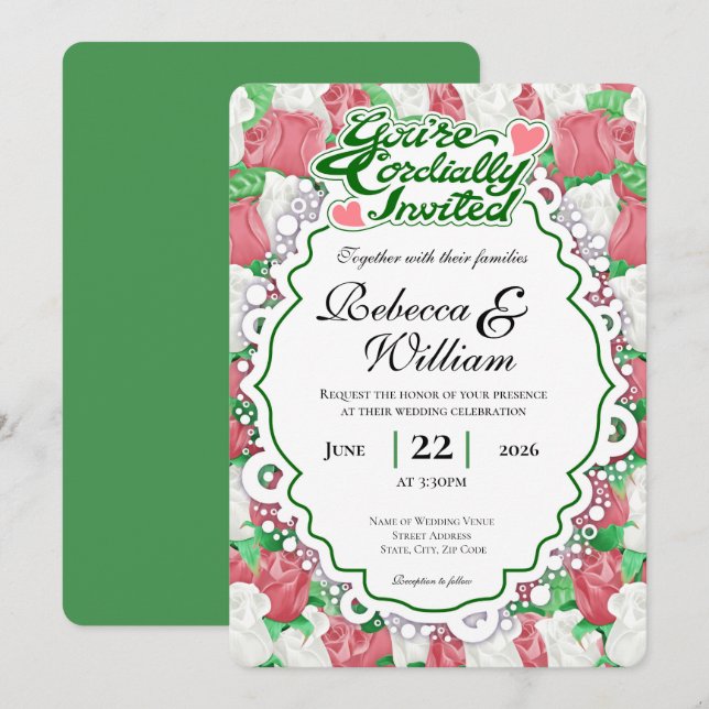 Faire-Part de Mariage Rose Rouge & Blanche - Lettr (Devant / Derrière)