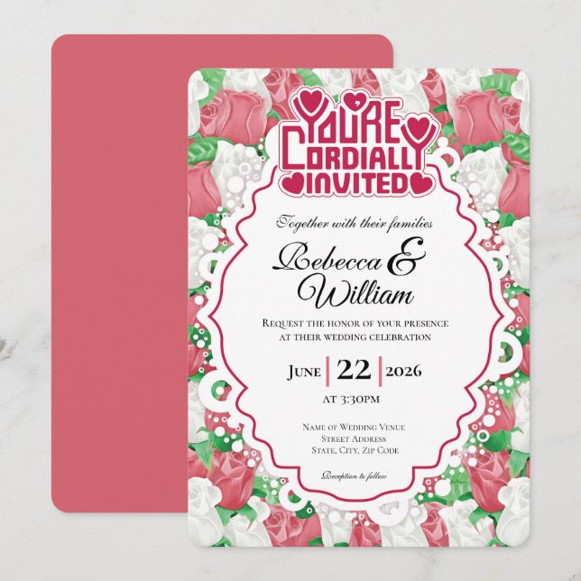 Faire-part de mariage Rose Rouge & Blanche - Lettr (Devant / Derrière)