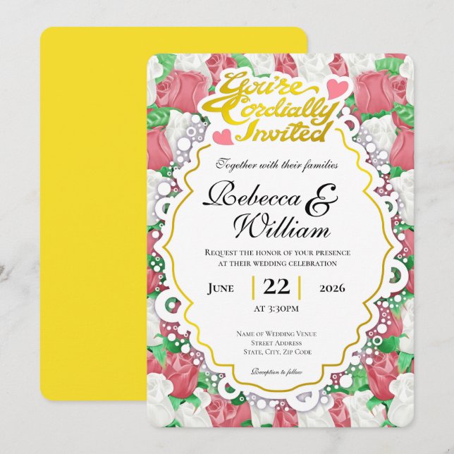 Faire-part de mariage Rose Rouge & Blanche - Lettr (Devant / Derrière)