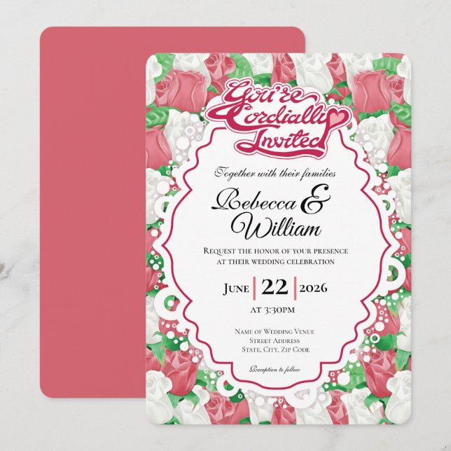 Faire-part de mariage Rose Rouge & Blanche - Lettr (Devant / Derrière)